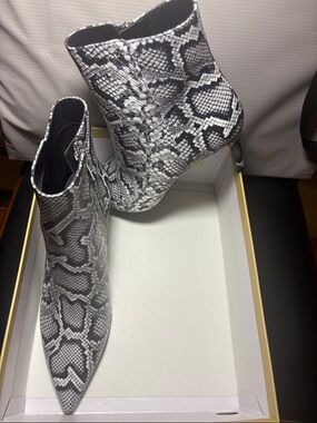 Michael Kors Black & White Snake-Print Pointed Toe Ankle Boots